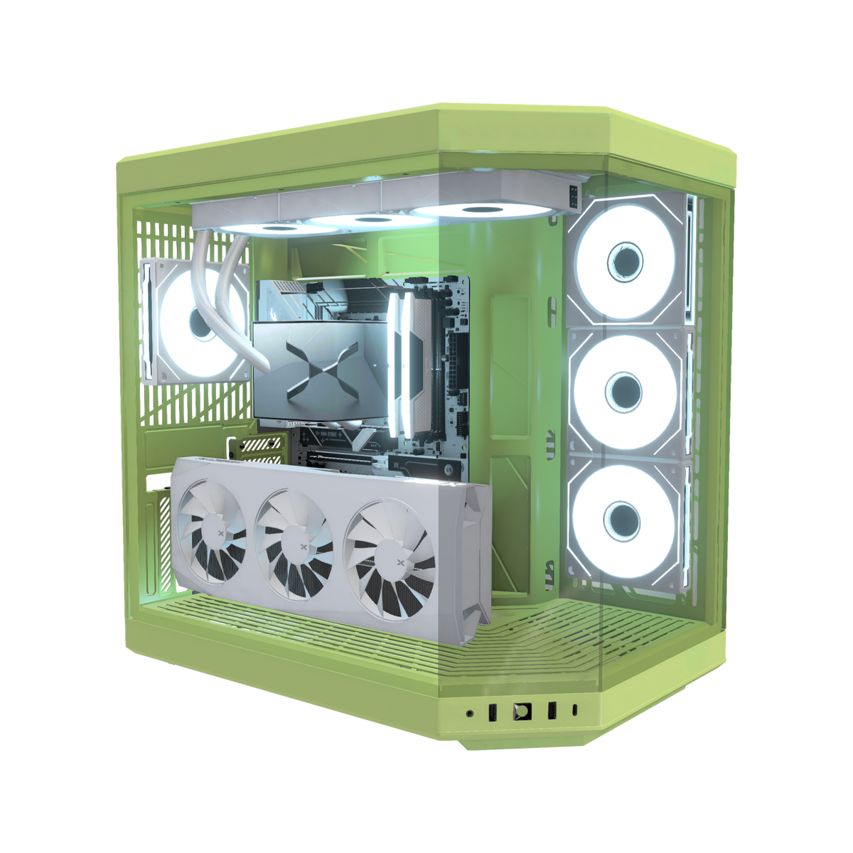 Matcha Gaming PC Midrange – 3D rendering, front three-quarter view, RGB ice blue