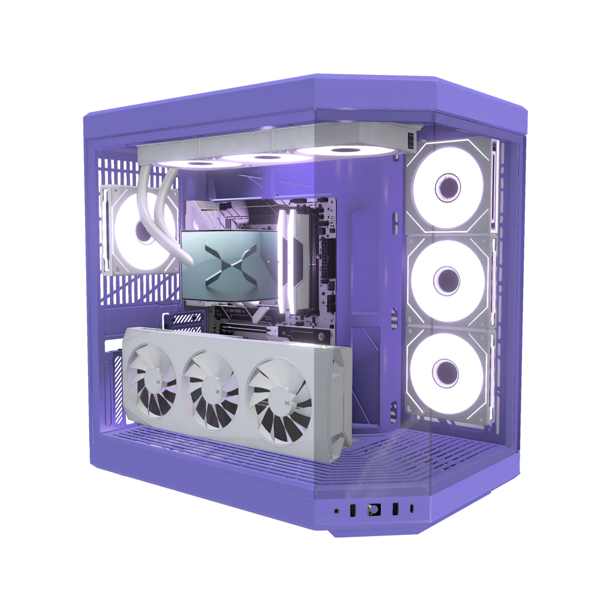 Taro Gaming PC Midrange – 3D rendering, front three-quarter view, RGB lavender