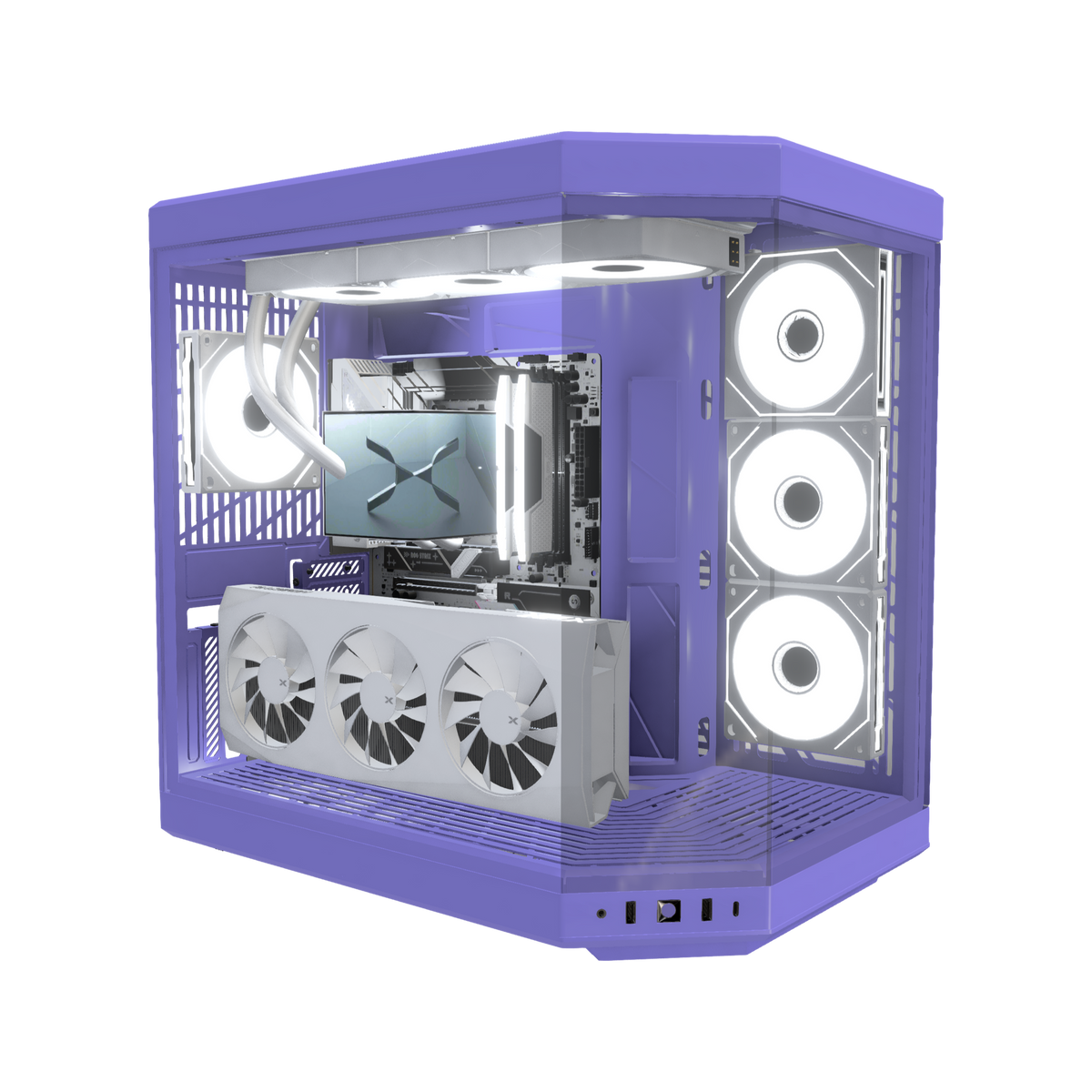 Taro Gaming PC Midrange – 3D rendering, front three-quarter view, RGB cool white