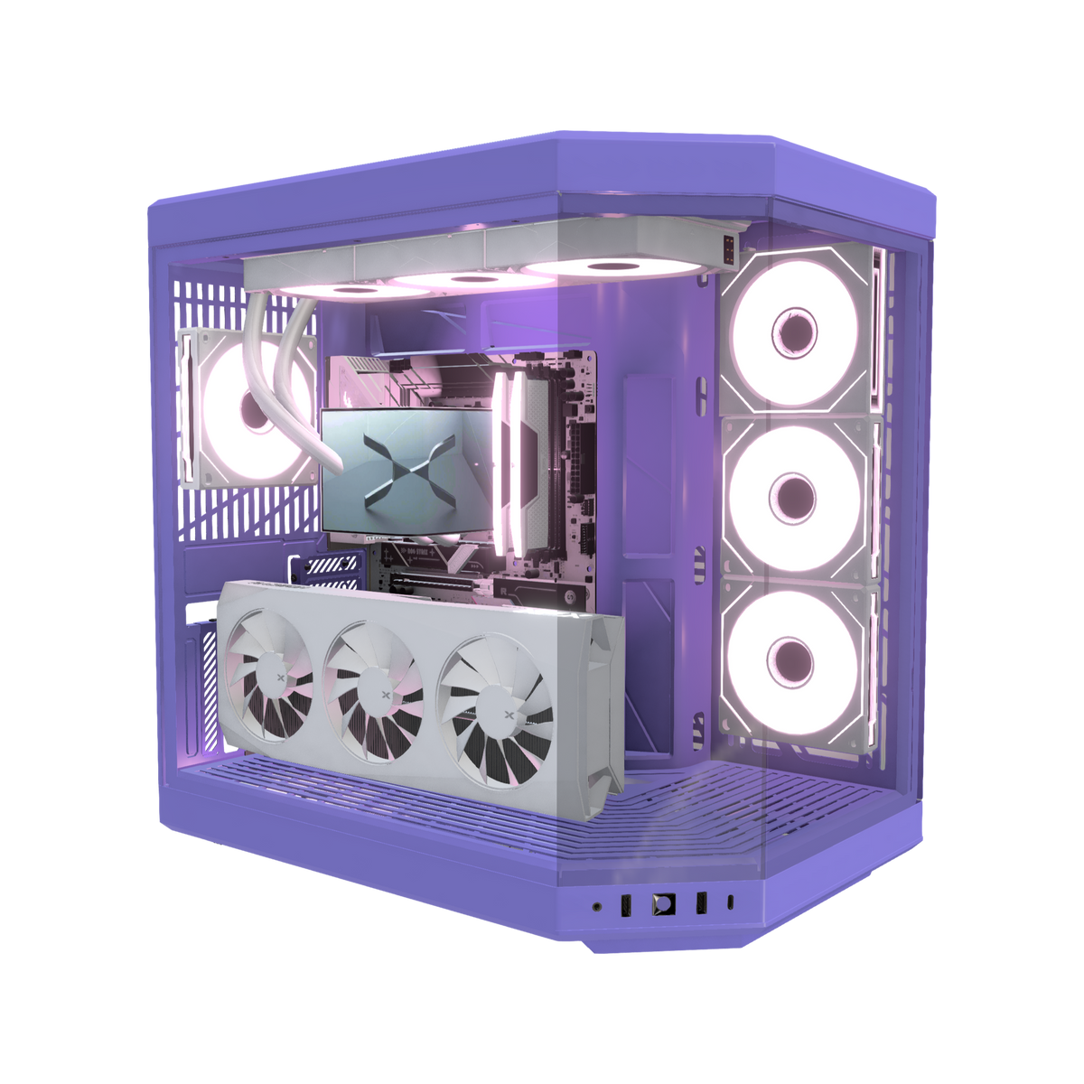Taro Gaming PC Midrange – 3D rendering, front three-quarter view, RGB pink