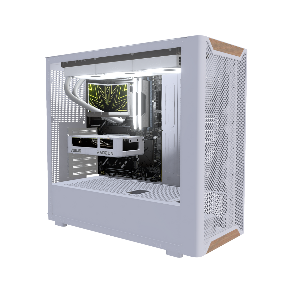 Hype Gaming-PC Einsteiger Holz – 3D-Rendering schräg von vorne, RGB Kaltweiss