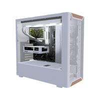 Hype Gaming-PC Einsteiger Holz – 3D-Rendering schräg von vorne, RGB Kaltweiss