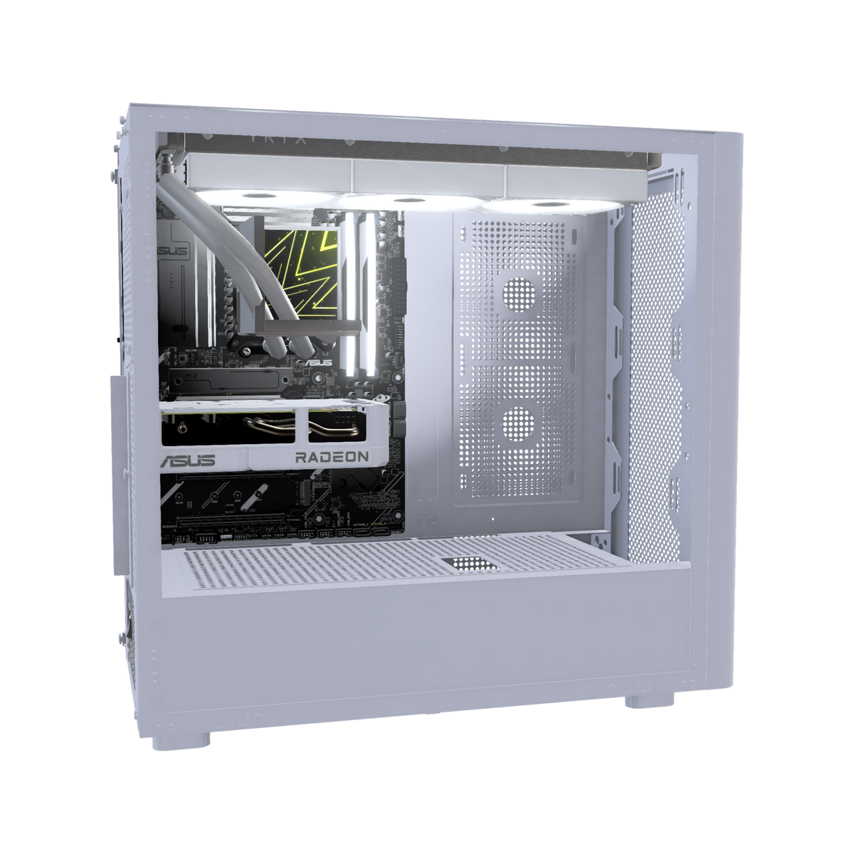 Hype Gaming-PC Einsteiger Holz – 3D-Rendering von der Seite, RGB Kaltweiss