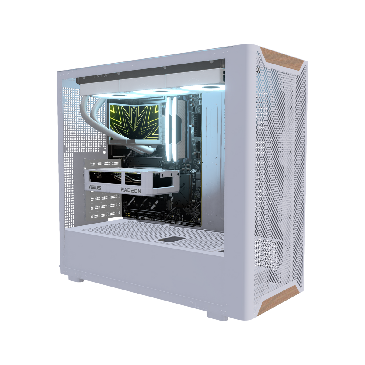 Hype Gaming-PC Einsteiger Holz – 3D-Rendering schräg von vorne, RGB Eisblau