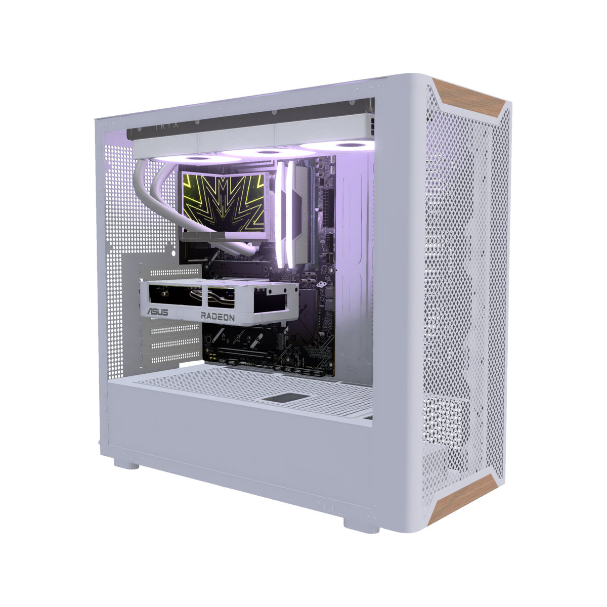 Hype Gaming-PC Einsteiger Holz – 3D-Rendering schräg von vorne, RGB Lavendel