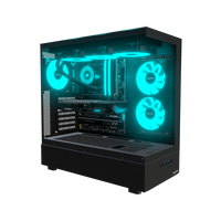 Hype Gaming PC Entry Panorama – 3D rendering, front three-quarter view, RGB cyan