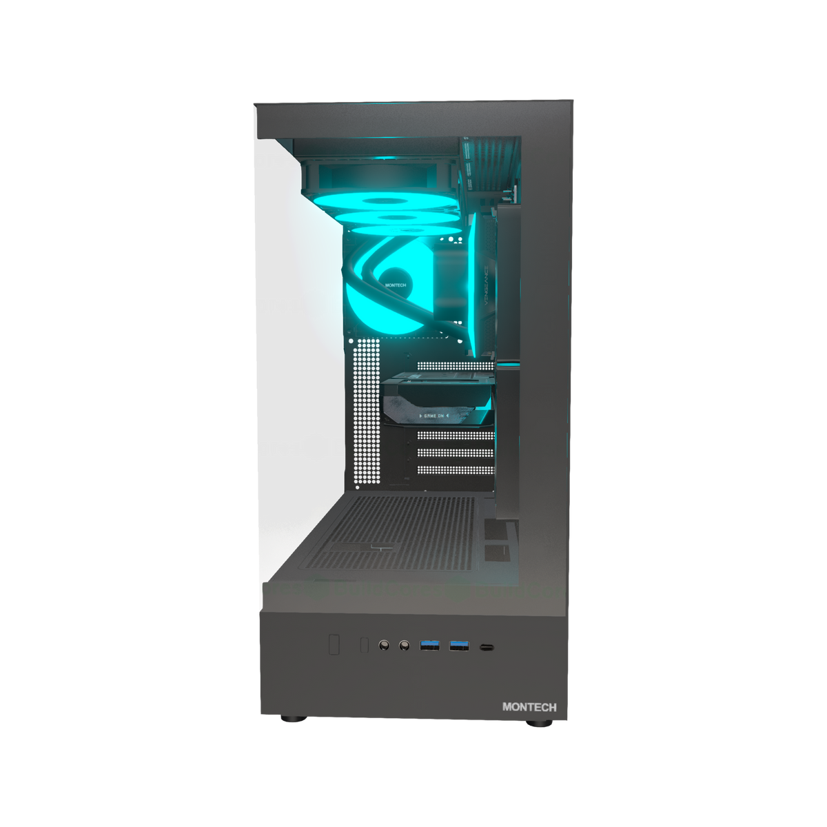 Hype Gaming PC Entry Panorama – 3D rendering, front view, RGB cyan