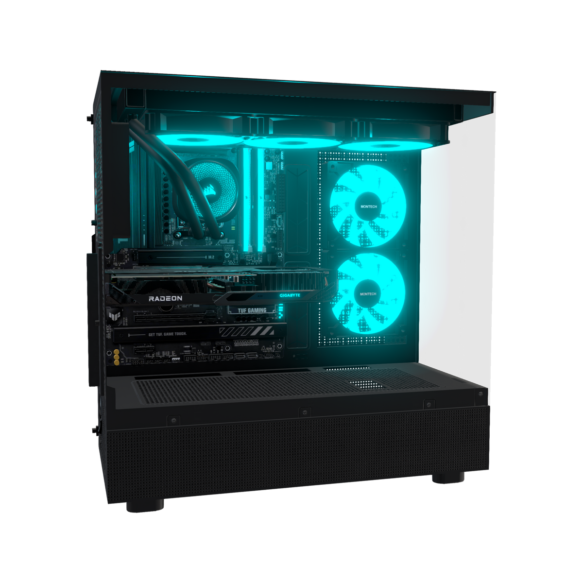 Hype Gaming PC Entry Panorama – 3D rendering, side view, RGB cyan