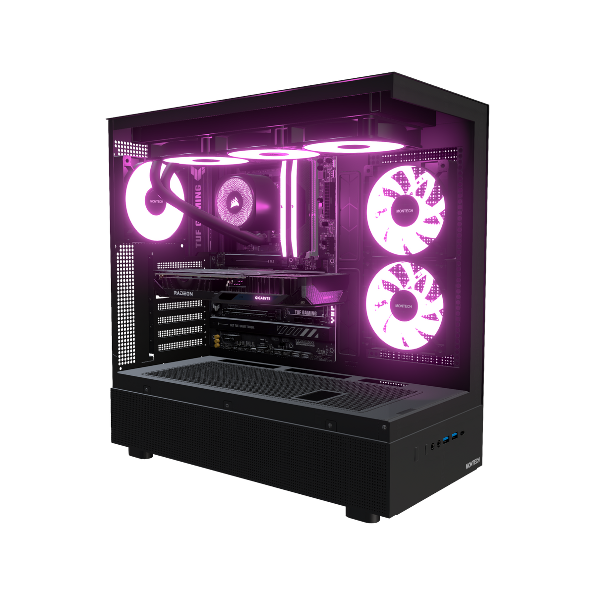 Hype Gaming PC Entry Panorama – 3D rendering, front three-quarter view, RGB magenta
