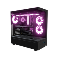 Hype Gaming PC Entry Panorama – 3D rendering, front three-quarter view, RGB magenta