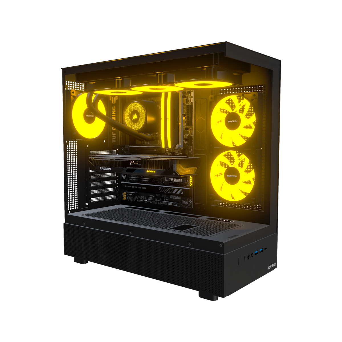 Hype Gaming PC Entry Panorama – 3D rendering, front three-quarter view, RGB orange