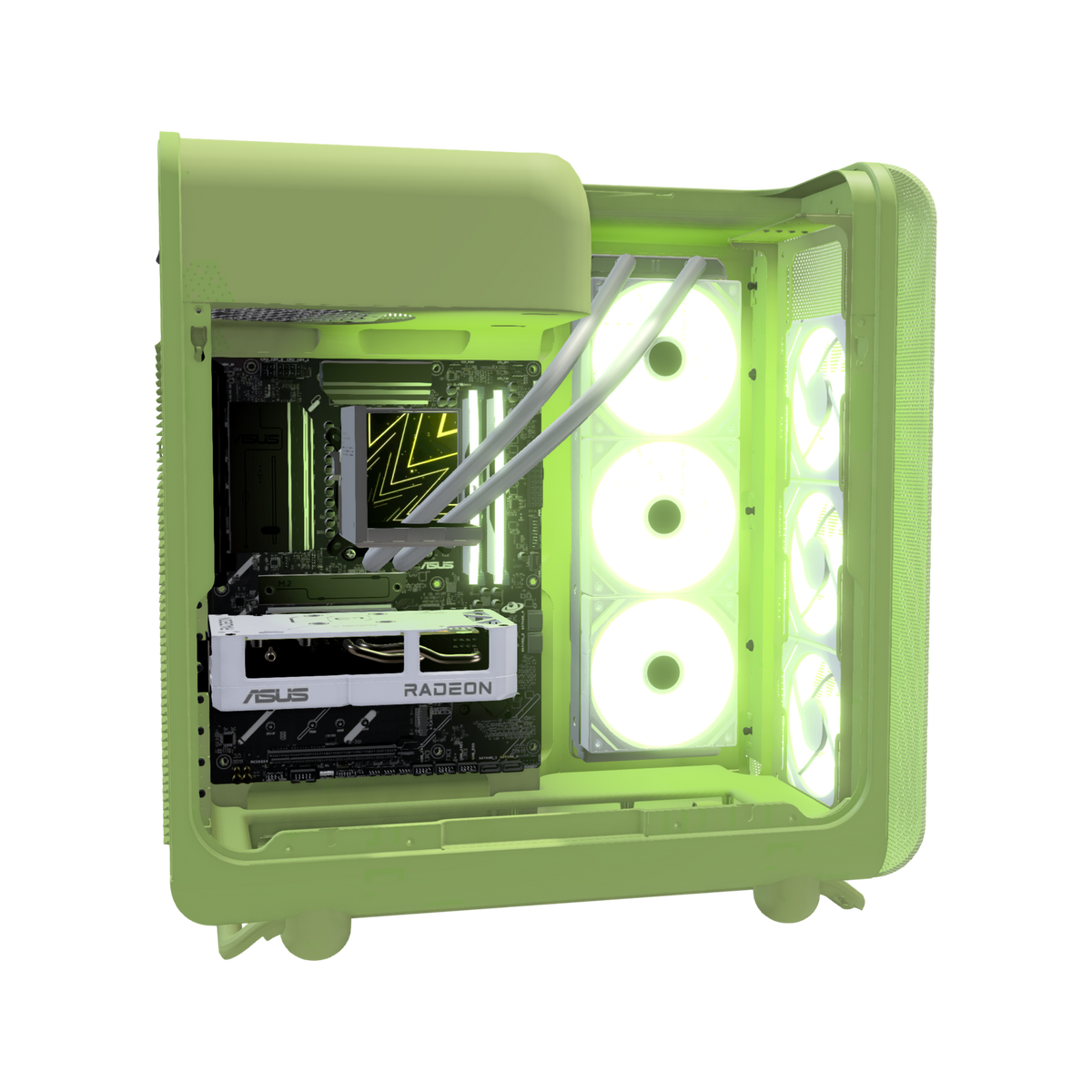 Matcha PC da gaming Entry – rendering 3D, vista laterale, RGB verde chiaro