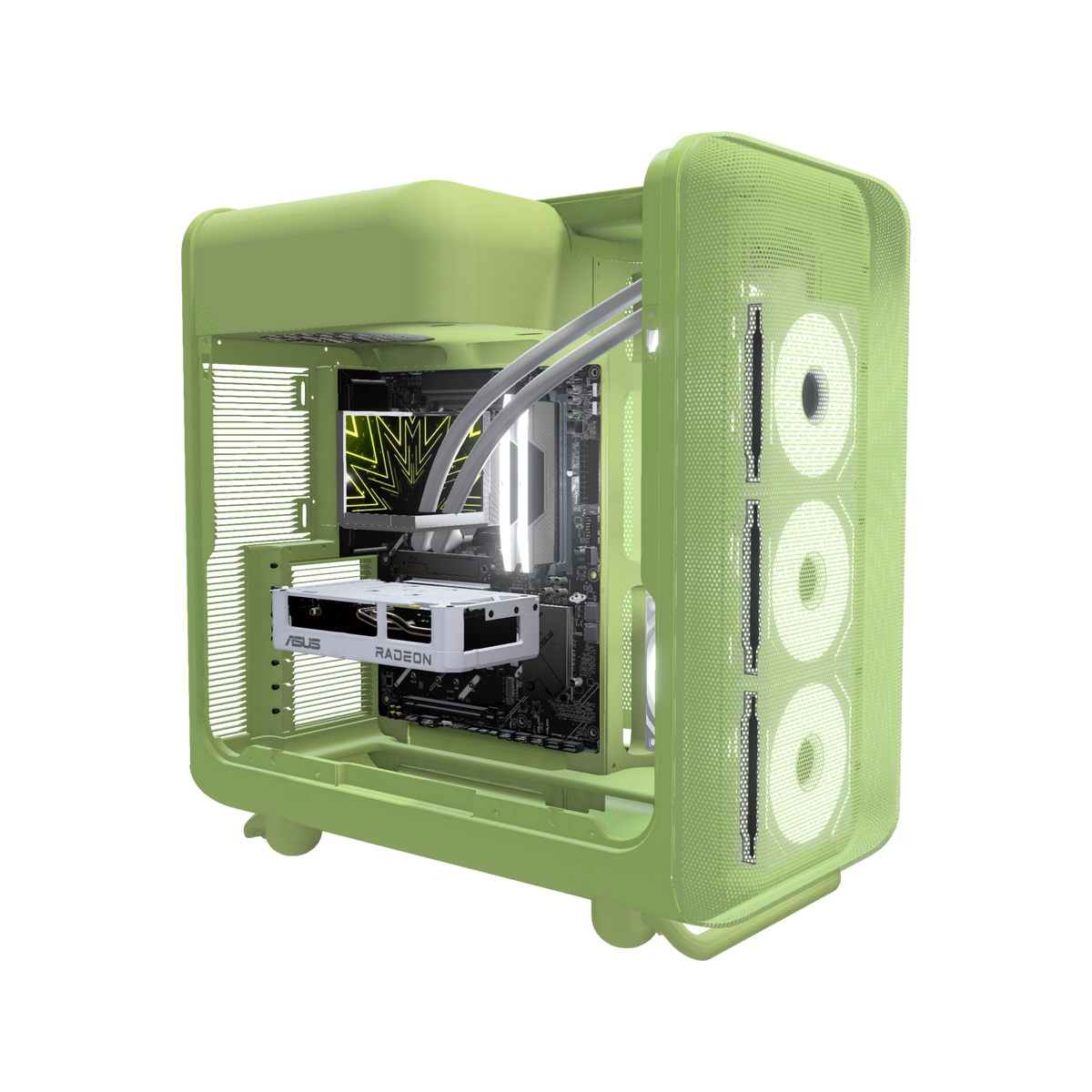 Matcha PC da gaming Entry – rendering 3D, vista di tre quarti, RGB bianco freddo