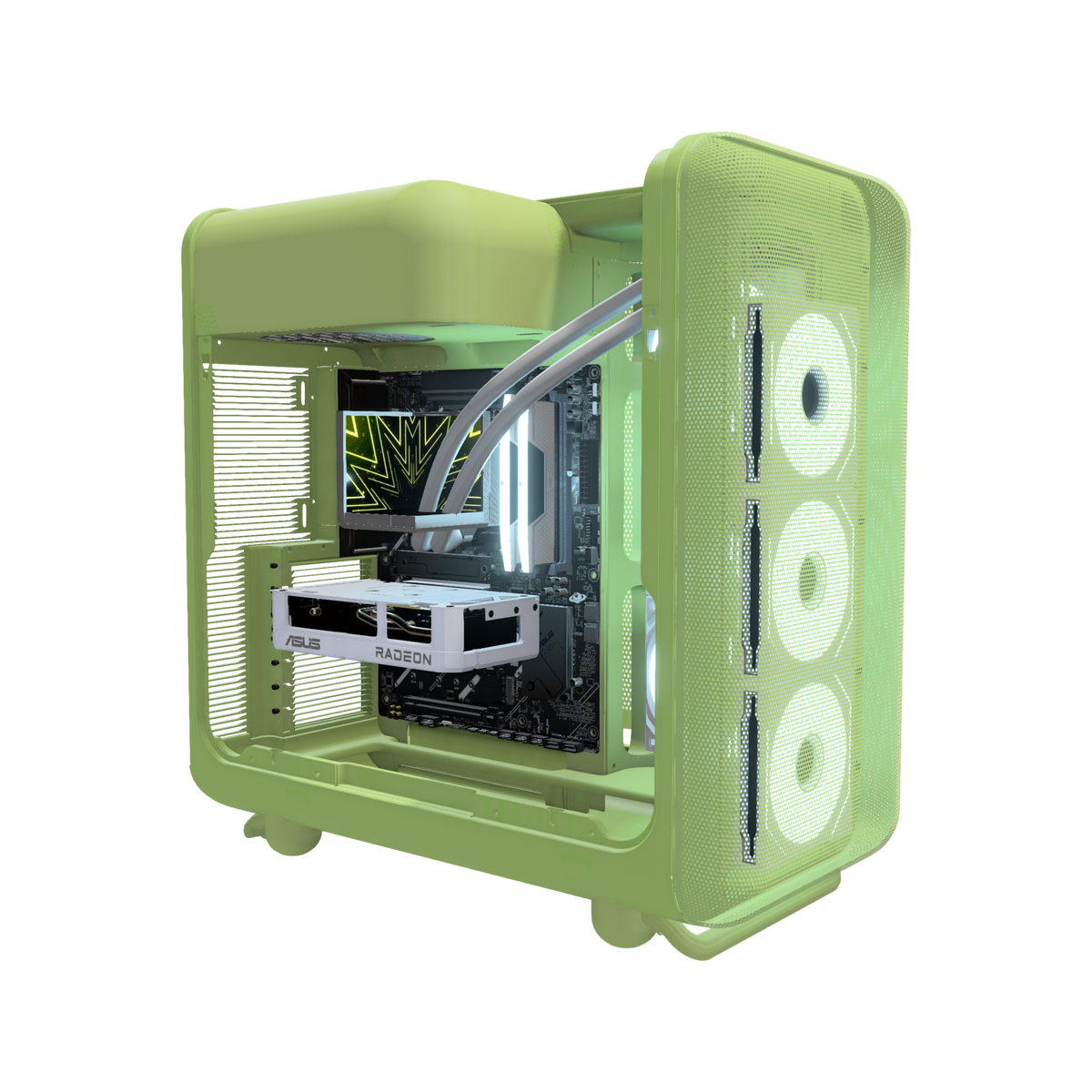 Matcha PC da gaming Entry – rendering 3D, vista di tre quarti, RGB blu ghiaccio