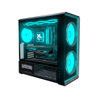 Hype PC Gamer Milieu de gamme Infinity – rendu 3D, vue de trois quarts, RGB cyan