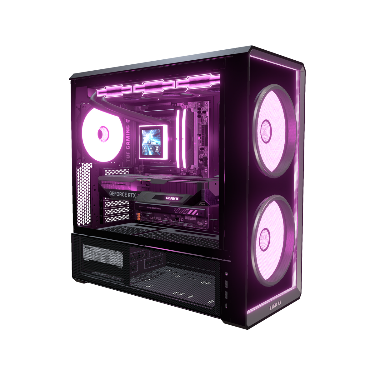 Hype PC Gamer Milieu de gamme Infinity – rendu 3D, vue de trois quarts, RGB magenta