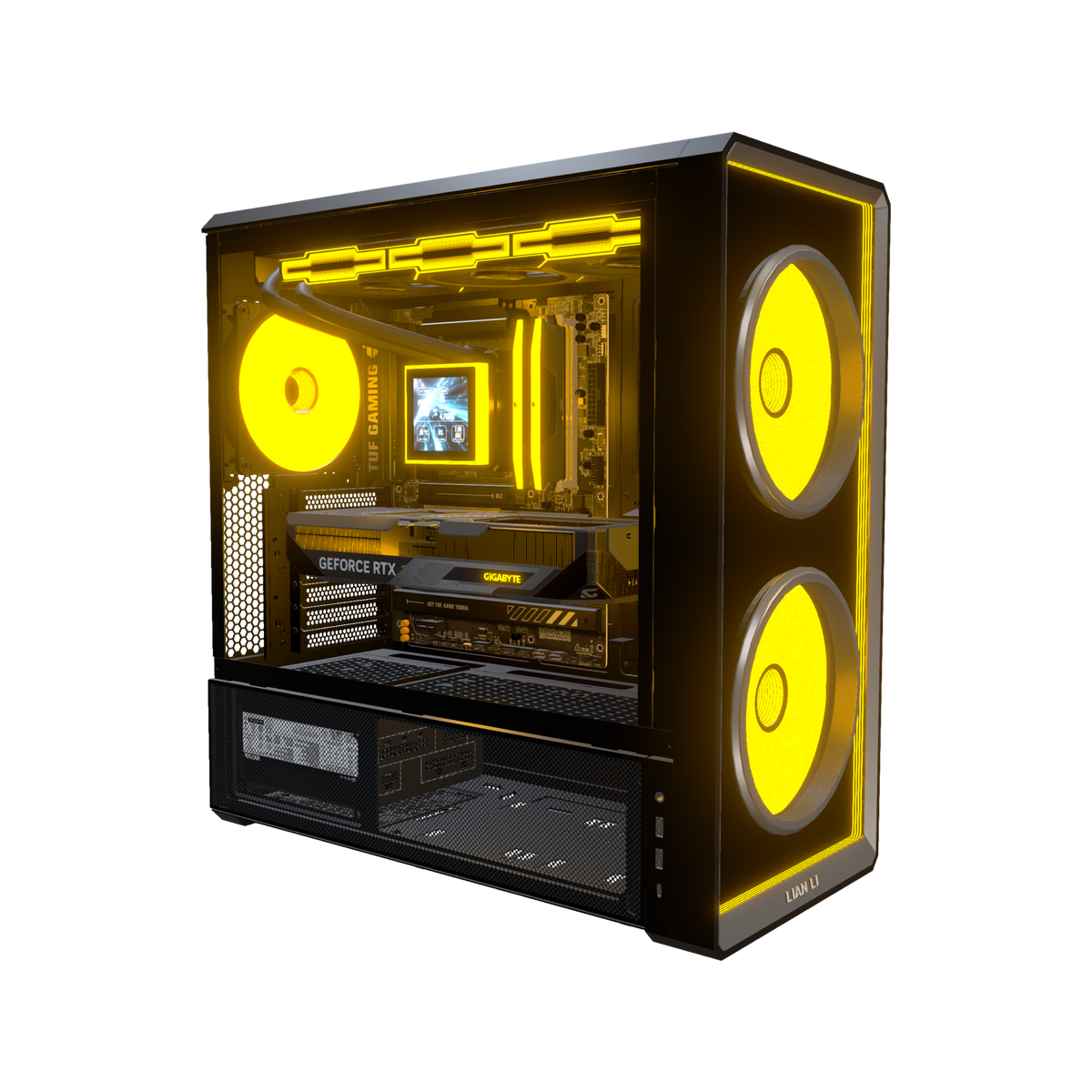 Hype PC Gamer Milieu de gamme Infinity – rendu 3D, vue de trois quarts, RGB orange
