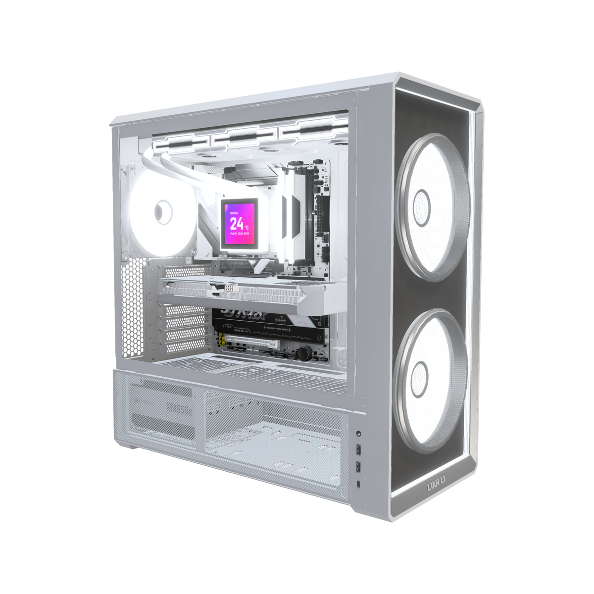 Hype Gaming-PC Midrange Infinity Weiss – 3D-Rendering schräg von vorne, RGB Kaltweiss