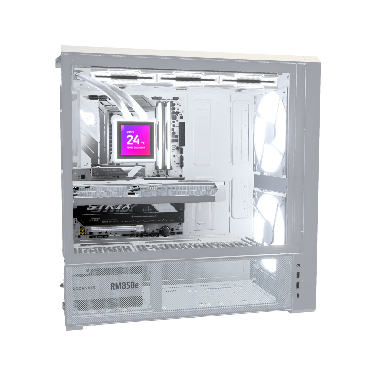 Hype Gaming-PC Midrange Infinity Weiss – 3D-Rendering von der Seite, RGB Kaltweiss