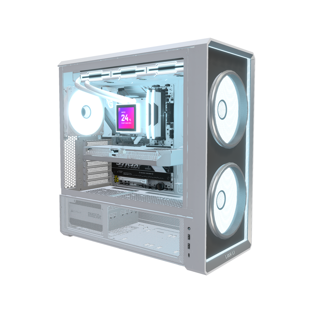 Hype Gaming-PC Midrange Infinity Weiss – 3D-Rendering schräg von vorne, RGB Eisblau