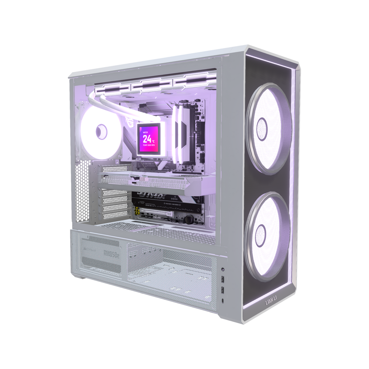 Hype Gaming-PC Midrange Infinity Weiss – 3D-Rendering schräg von vorne, RGB Lavendel