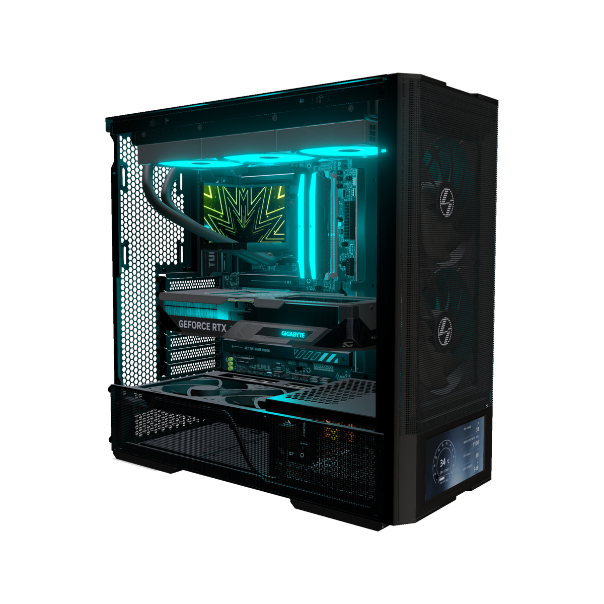 Hype PC da gaming Midrange Display – rendering 3D, vista di tre quarti, RGB ciano
