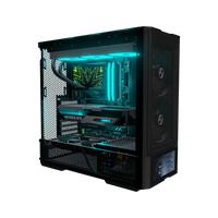 Hype PC da gaming Midrange Display – rendering 3D, vista di tre quarti, RGB ciano