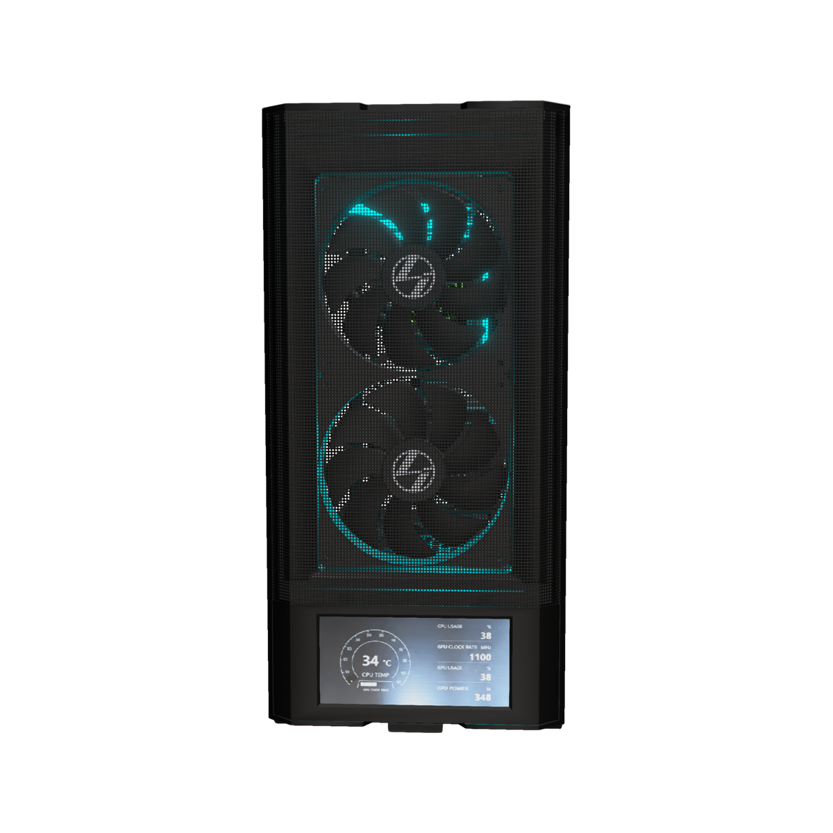 Hype PC da gaming Midrange Display – rendering 3D, vista frontale, RGB ciano