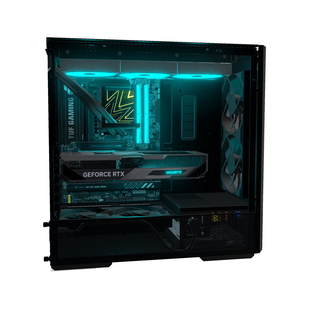 Hype PC da gaming Midrange Display – rendering 3D, vista laterale, RGB ciano