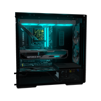 Hype PC da gaming Midrange Display – rendering 3D, vista laterale, RGB ciano