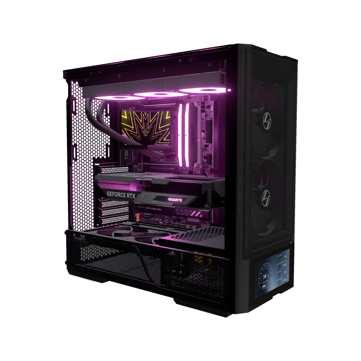 Hype PC da gaming Midrange Display – rendering 3D, vista di tre quarti, RGB magenta