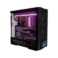 Hype PC da gaming Midrange Display – rendering 3D, vista di tre quarti, RGB magenta