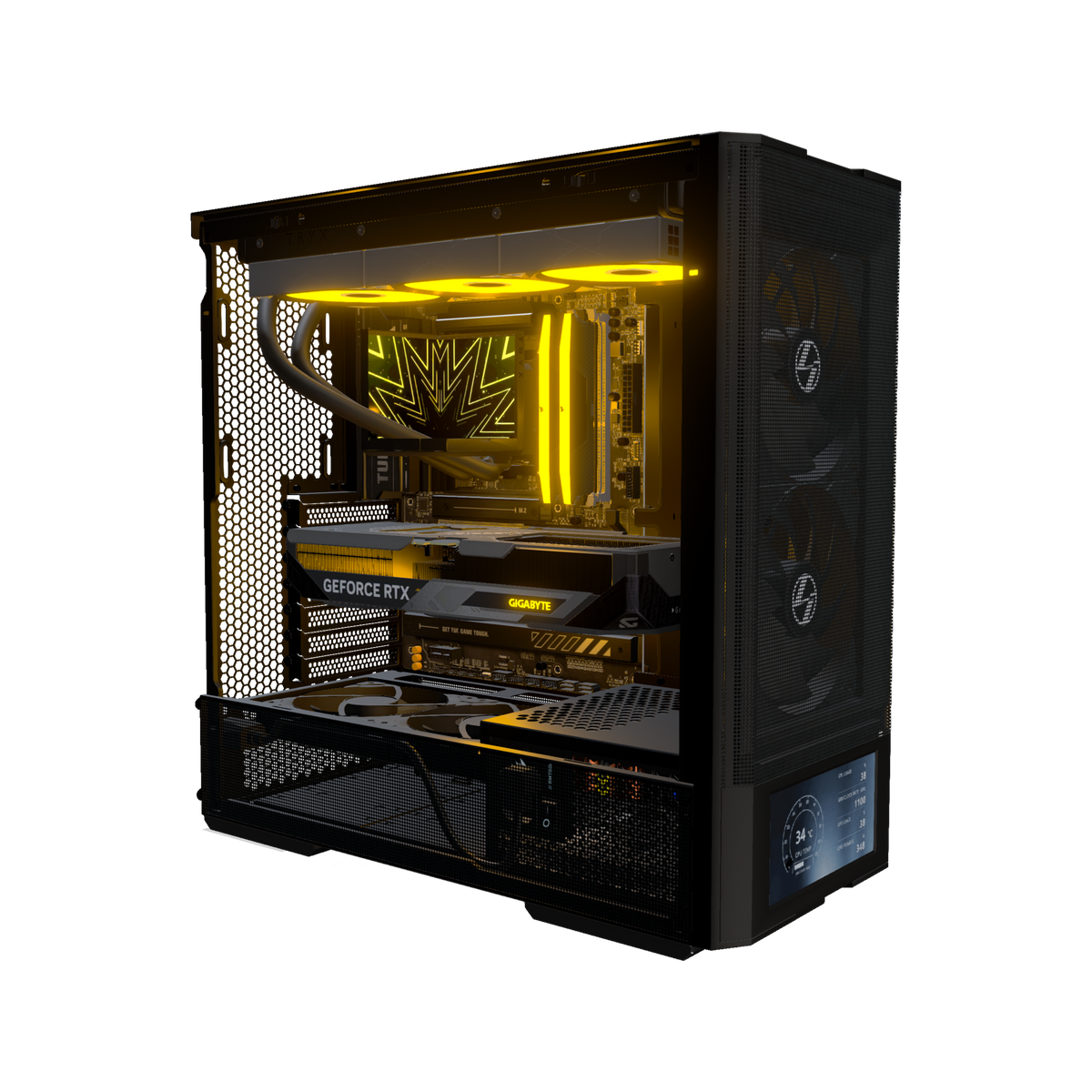 Hype PC da gaming Midrange Display – rendering 3D, vista di tre quarti, RGB arancione