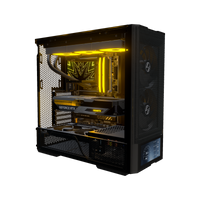 Hype PC da gaming Midrange Display – rendering 3D, vista di tre quarti, RGB arancione