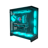 Hype Gaming PC Midrange Panorama – 3D rendering, front three-quarter view, RGB cyan
