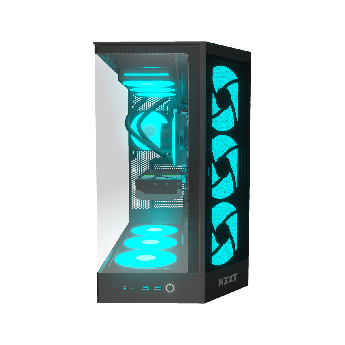 Hype Gaming PC Midrange Panorama – 3D rendering, front view, RGB cyan