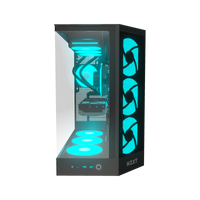 Hype Gaming PC Midrange Panorama – 3D rendering, front view, RGB cyan