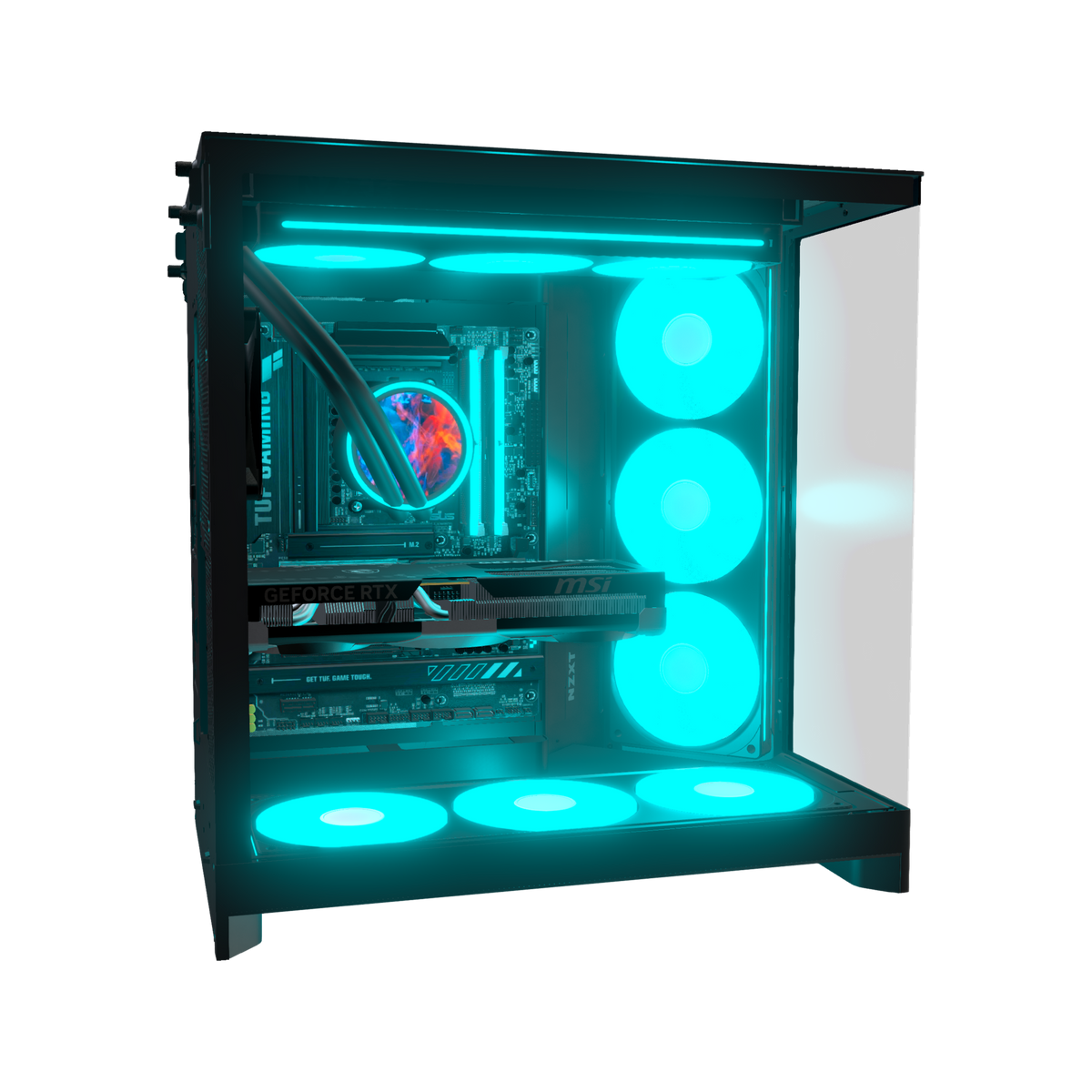 Hype Gaming PC Midrange Panorama – 3D rendering, side view, RGB cyan