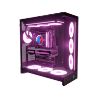 Hype Gaming PC Midrange Panorama – 3D rendering, front three-quarter view, RGB magenta