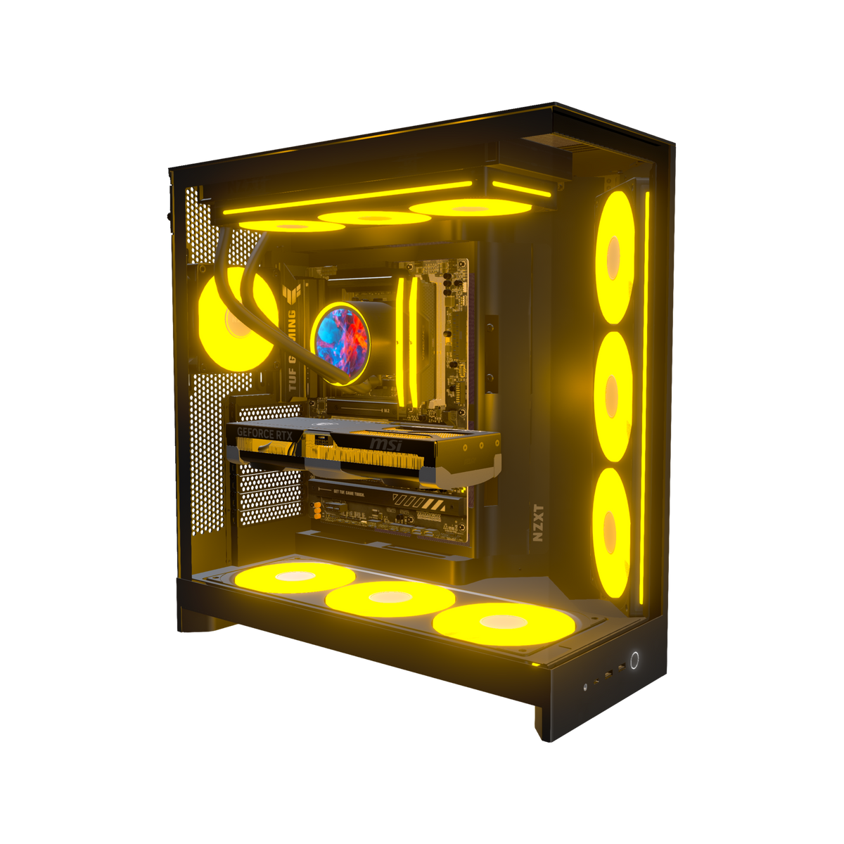 Hype Gaming PC Midrange Panorama – 3D rendering, front three-quarter view, RGB orange