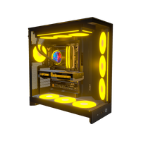 Hype Gaming PC Midrange Panorama – 3D rendering, front three-quarter view, RGB orange