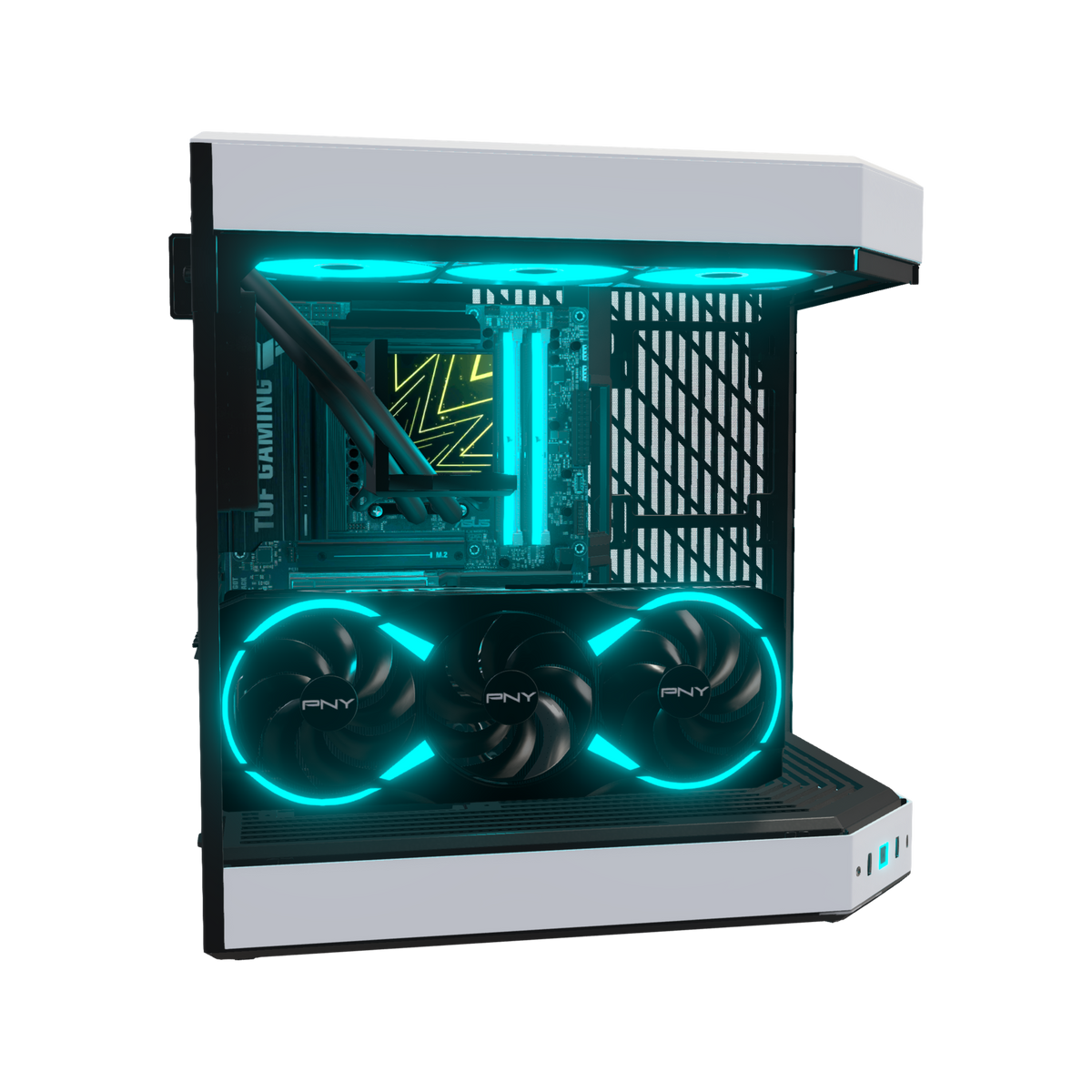 Hype PC Gamer Haut de gamme Panda – rendu 3D, vue de côté, RGB cyan