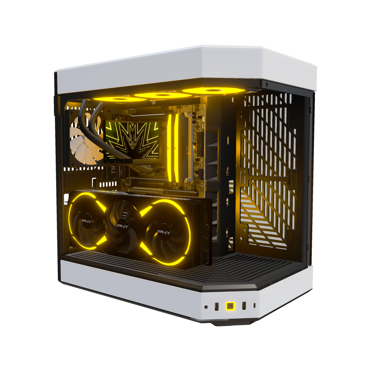 Hype PC Gamer Haut de gamme Panda – rendu 3D, vue de trois quarts, RGB orange