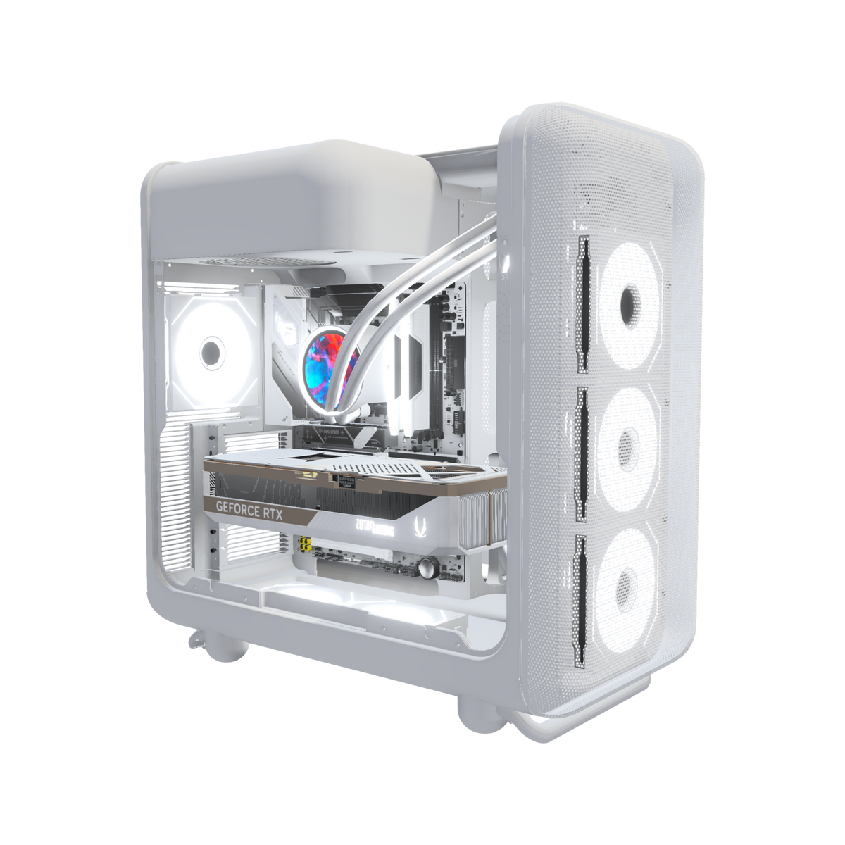 Hype Gaming-PC High-End Panorama Weiss – 3D-Rendering schräg von vorne, RGB Kaltweiss