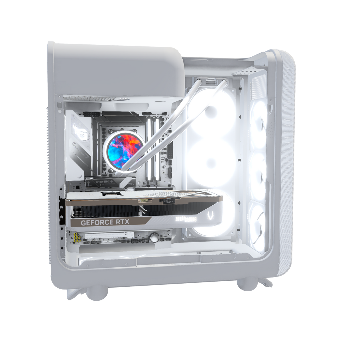 Hype Gaming-PC High-End Panorama Weiss – 3D-Rendering von der Seite, RGB Kaltweiss