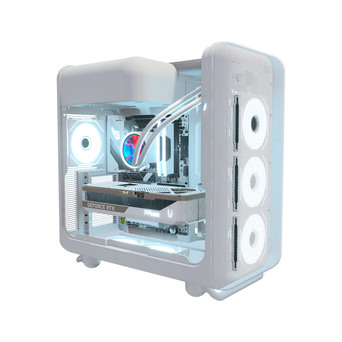 Hype Gaming-PC High-End Panorama Weiss – 3D-Rendering schräg von vorne, RGB Eisblau