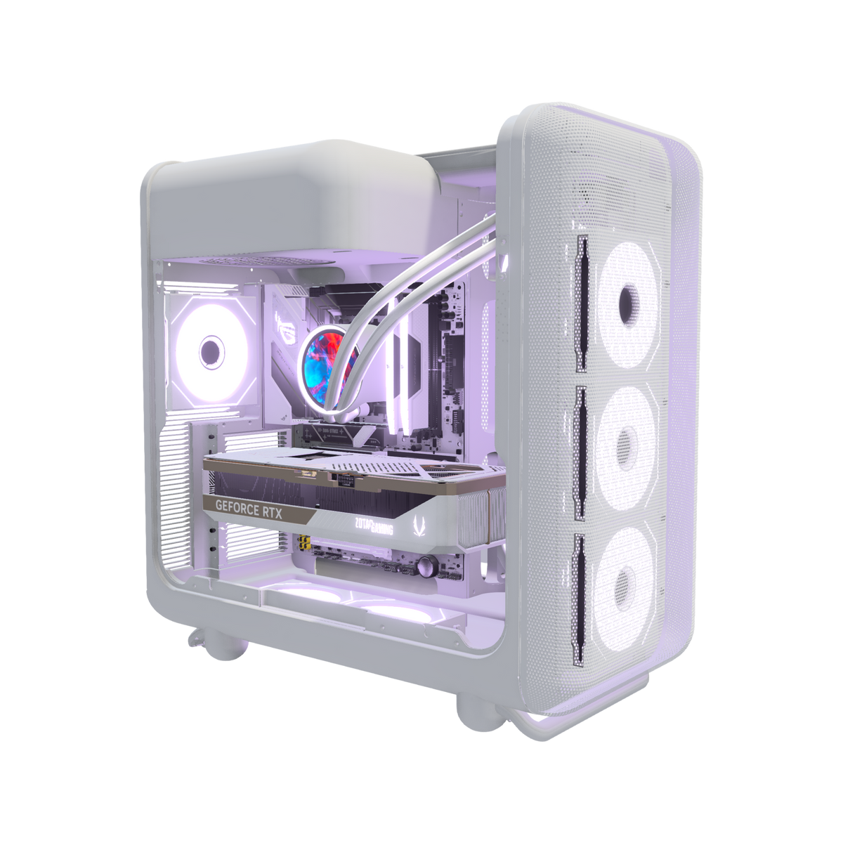 Hype Gaming-PC High-End Panorama Weiss – 3D-Rendering schräg von vorne, RGB Lavendel
