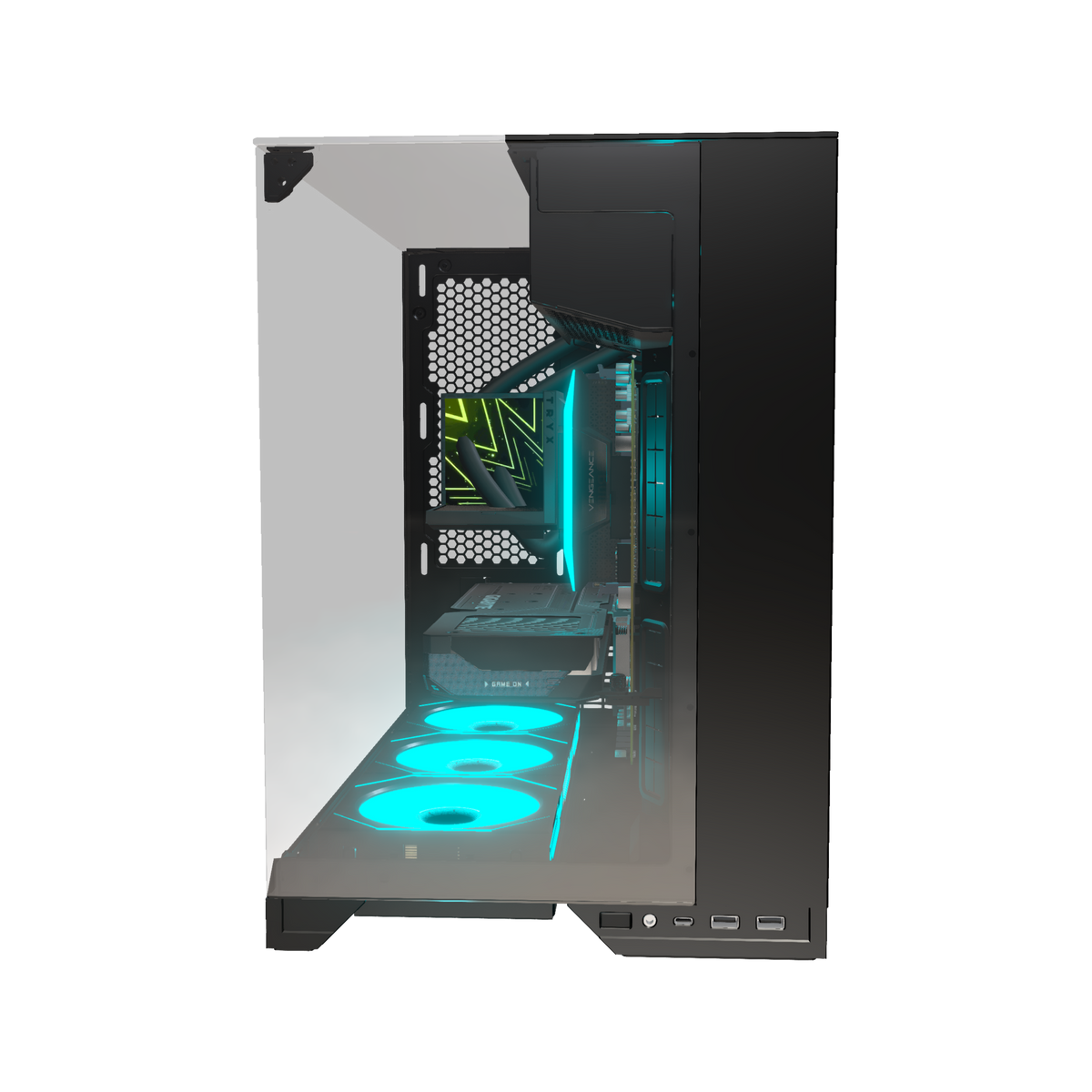 Hype Gaming PC Entry O11 Vision – 3D rendering, front view, RGB cyan