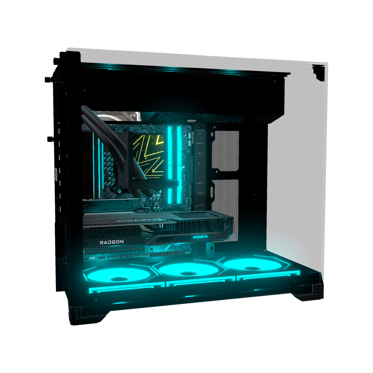 Hype Gaming PC Entry O11 Vision – 3D rendering, side view, RGB cyan