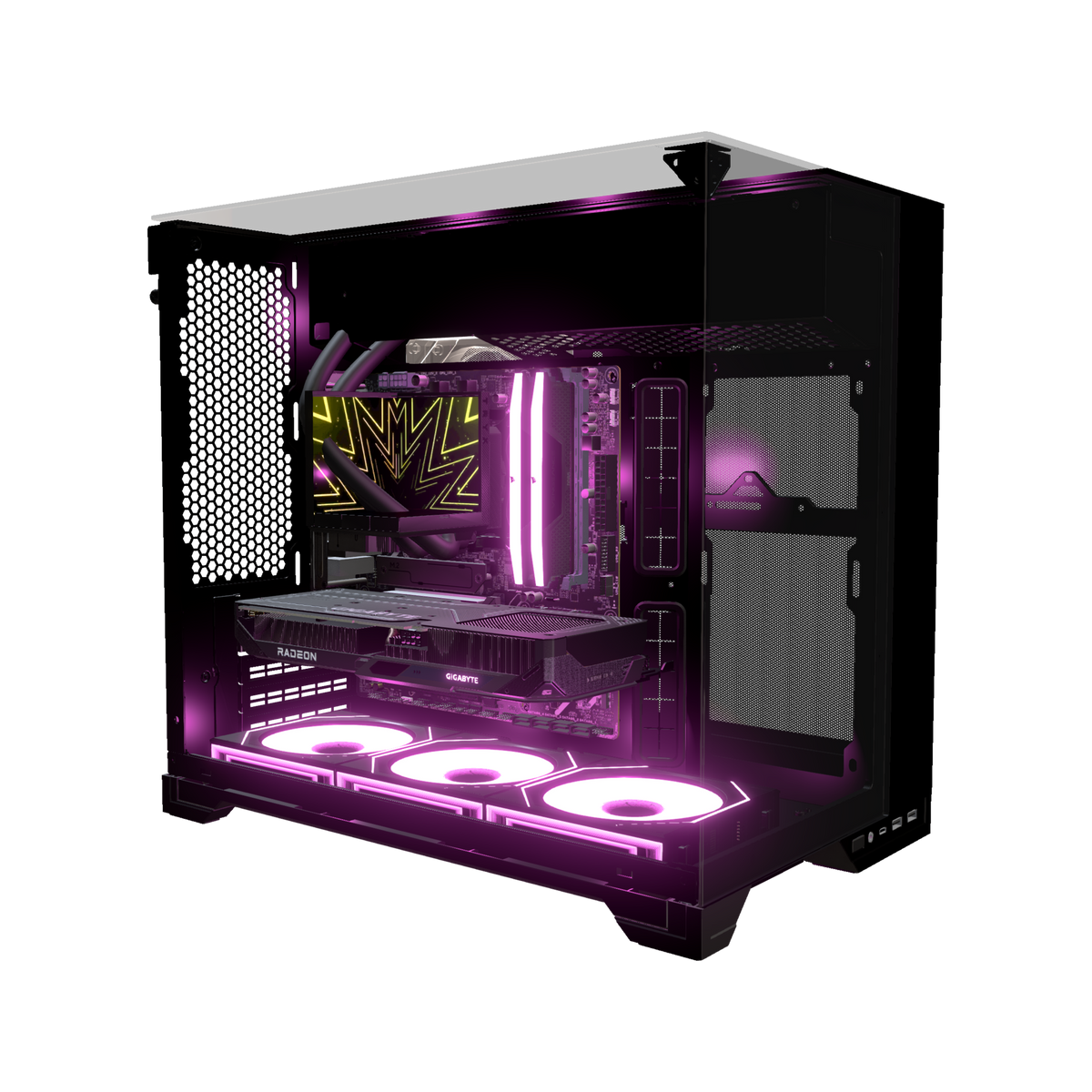Hype Gaming PC Entry O11 Vision – 3D rendering, front three-quarter view, RGB magenta